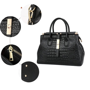 Bolsa feminina de couro genuíno Aidrani, bolsa de couro de vaca com padrão de crocodilo de grande capacidade, preta