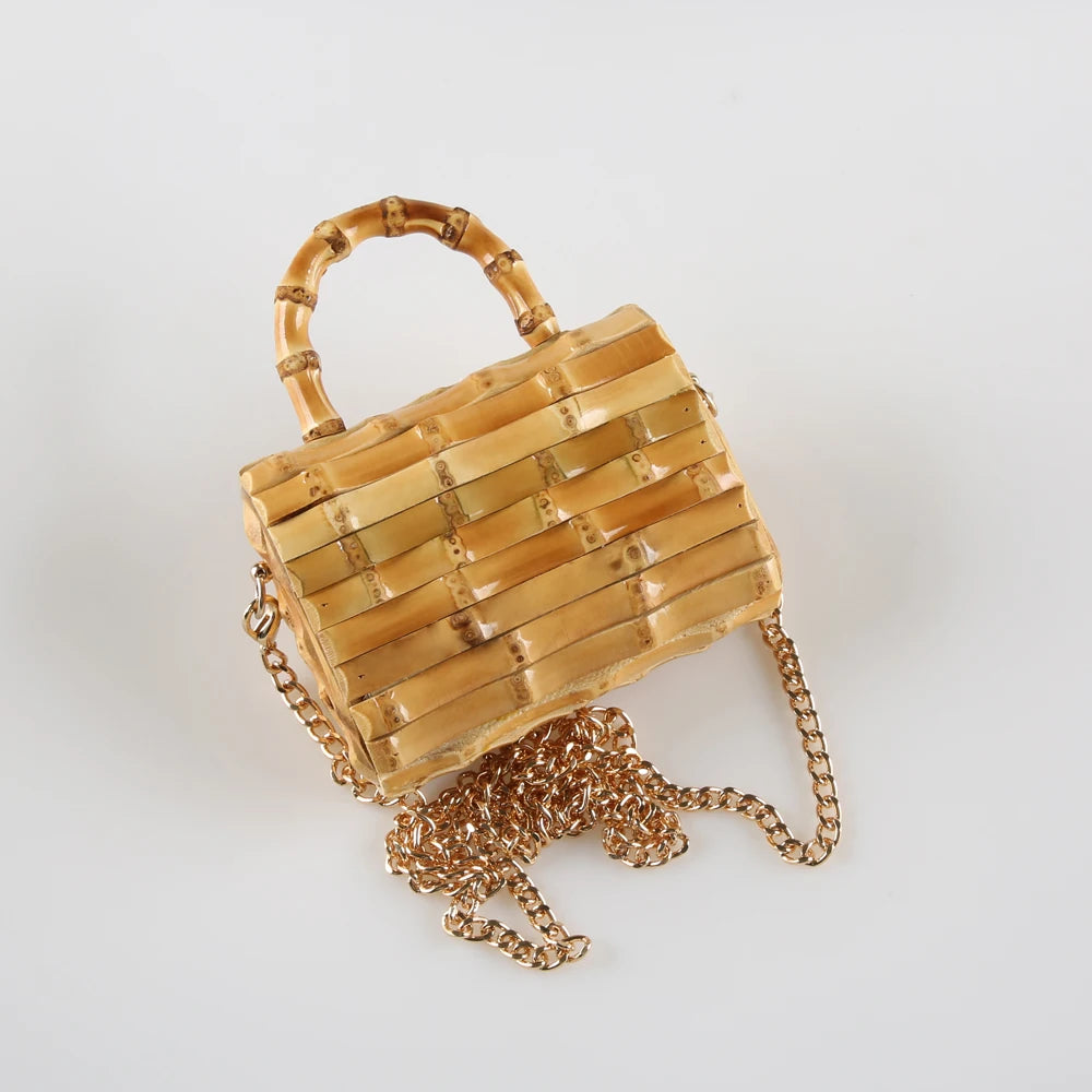 Corrente longa exclusiva artesanal de madeira natural rattan palha alça de raiz de bambu pequena mini bolsa de ombro mensageiro de corpo cruzado