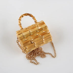 Corrente longa exclusiva artesanal de madeira natural rattan palha alça de raiz de bambu pequena mini bolsa de ombro mensageiro de corpo cruzado