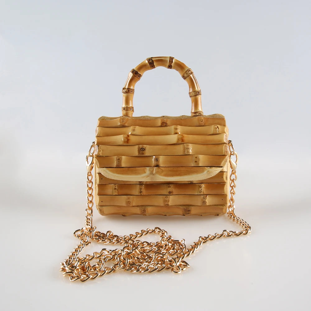 Corrente longa exclusiva artesanal de madeira natural rattan palha alça de raiz de bambu pequena mini bolsa de ombro mensageiro de corpo cruzado
