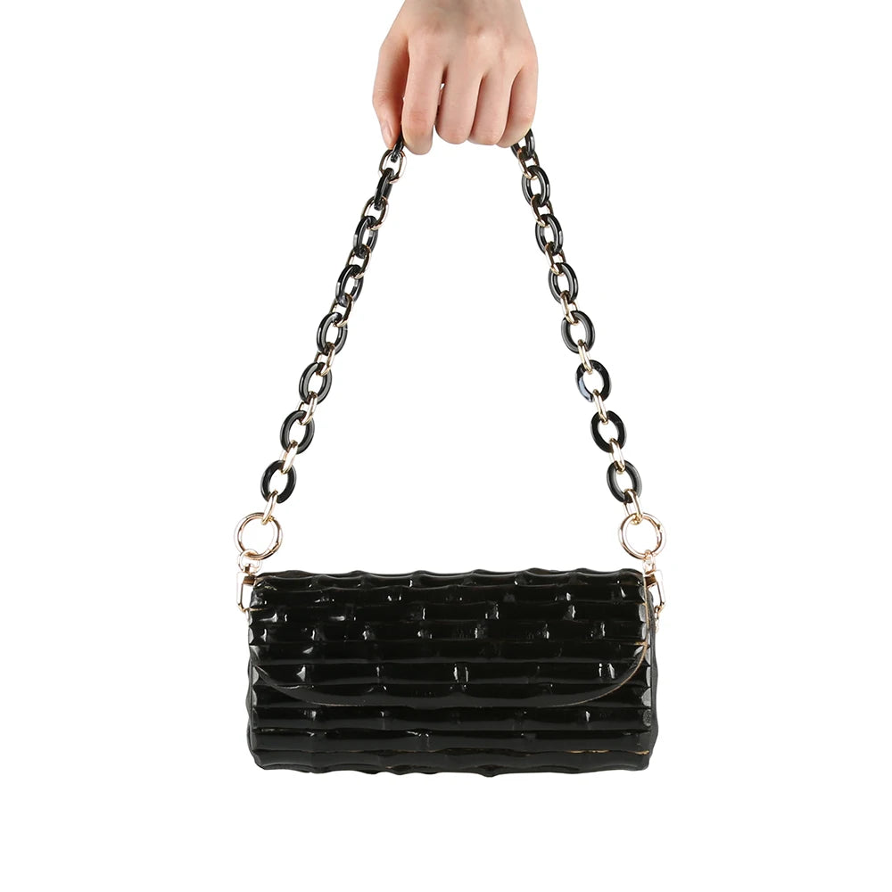 Nilerun-Vintage Retro Handmade Bambu Root Purse, Crossbody Mensageiro Shoulder Bag, Cadeia Longa Curta, Bolsa Noite Original, Preto