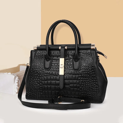Bolsa feminina de couro genuíno Aidrani, bolsa de couro de vaca com padrão de crocodilo de grande capacidade, preta