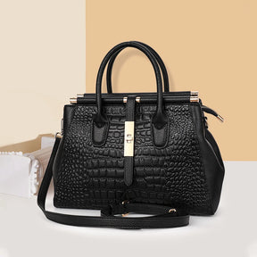 Bolsa feminina de couro genuíno Aidrani, bolsa de couro de vaca com padrão de crocodilo de grande capacidade, preta
