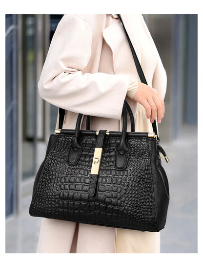 Bolsa feminina de couro genuíno Aidrani, bolsa de couro de vaca com padrão de crocodilo de grande capacidade, preta