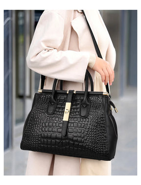 Bolsa feminina de couro genuíno Aidrani, bolsa de couro de vaca com padrão de crocodilo de grande capacidade, preta