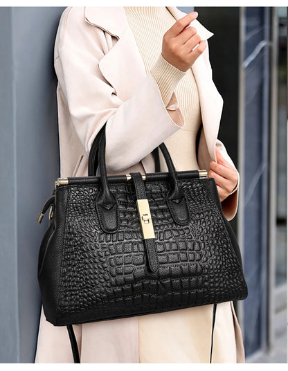 Bolsa feminina de couro genuíno Aidrani, bolsa de couro de vaca com padrão de crocodilo de grande capacidade, preta