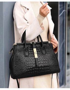 Bolsa feminina de couro genuíno Aidrani, bolsa de couro de vaca com padrão de crocodilo de grande capacidade, preta