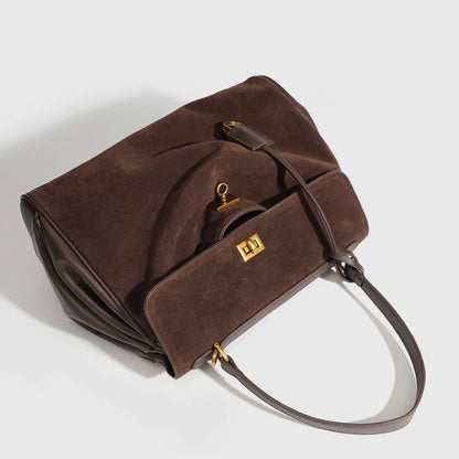 Sacolas de camurça sintética vintage para mulheres bolsas de designer de luxo e bolsas 2024 novo em bloqueio decoração grande capacidade alça superior nas axilas bolsa de ombro alta qualidade Frete grátis