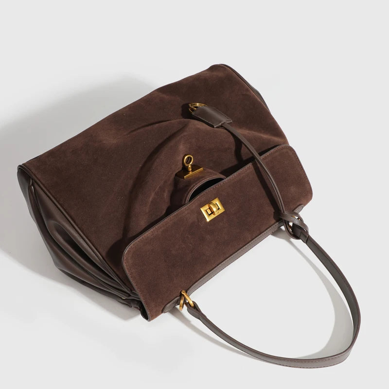 Sacolas de camurça sintética vintage para mulheres bolsas de designer de luxo e bolsas 2024 novo em bloqueio decoração grande capacidade alça superior nas axilas bolsa de ombro alta qualidade Frete grátis
