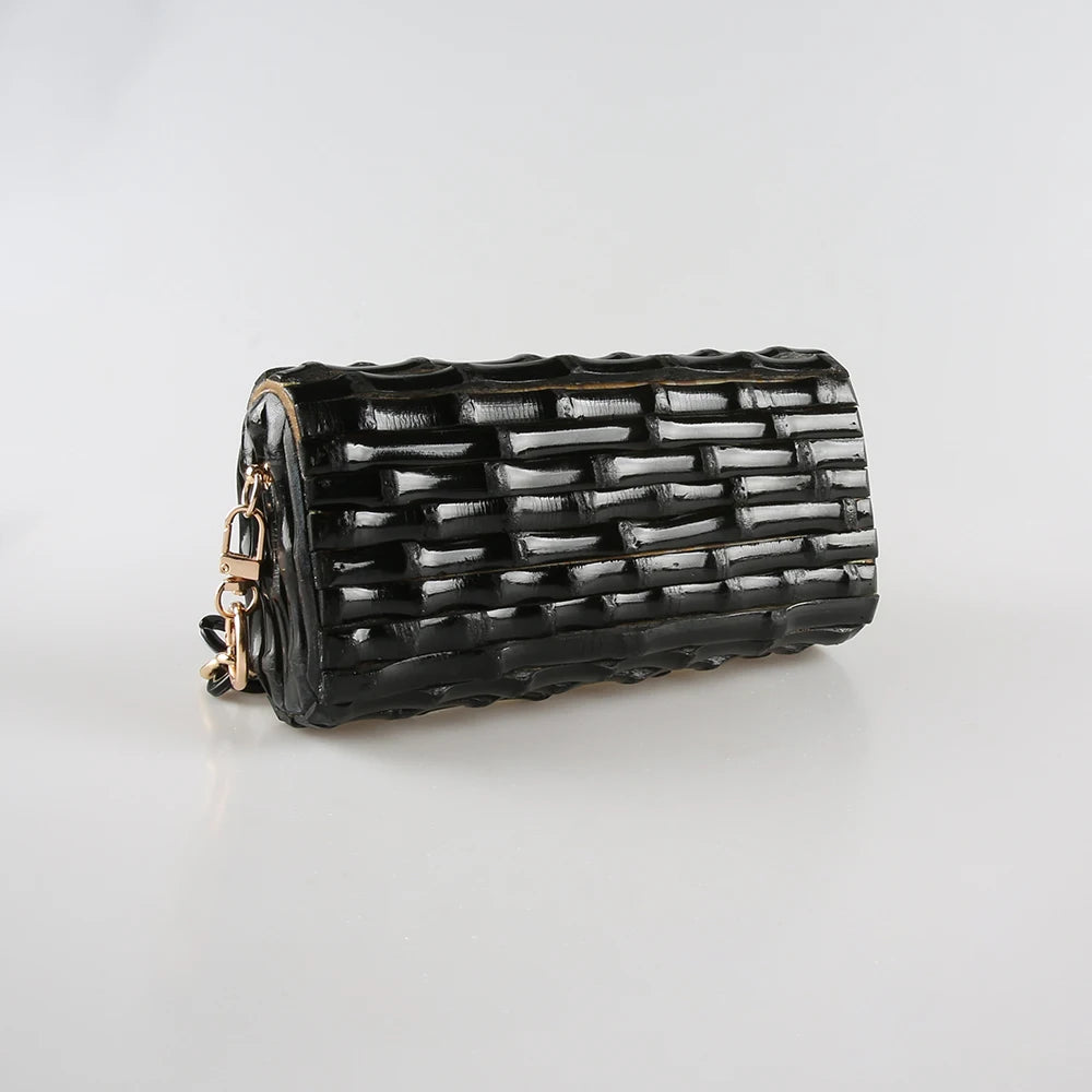 Nilerun-Vintage Retro Handmade Bambu Root Purse, Crossbody Mensageiro Shoulder Bag, Cadeia Longa Curta, Bolsa Noite Original, Preto