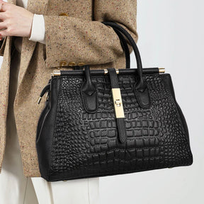 Bolsa feminina de couro genuíno Aidrani, bolsa de couro de vaca com padrão de crocodilo de grande capacidade, preta