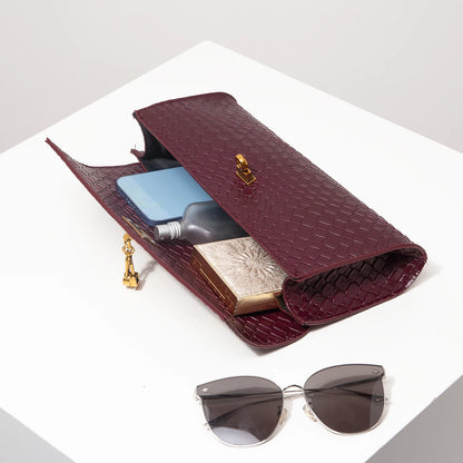 Baguette tecido de couro artificial retrô, embreagem feminina flip, bolsa de noite elegante, carteira borgonha, festa de vestido feminino, item de casamento (padrão aleatório)