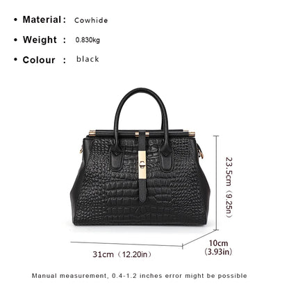 Bolsa feminina de couro genuíno Aidrani, bolsa de couro de vaca com padrão de crocodilo de grande capacidade, preta
