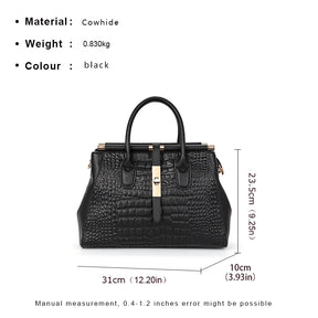 Bolsa feminina de couro genuíno Aidrani, bolsa de couro de vaca com padrão de crocodilo de grande capacidade, preta