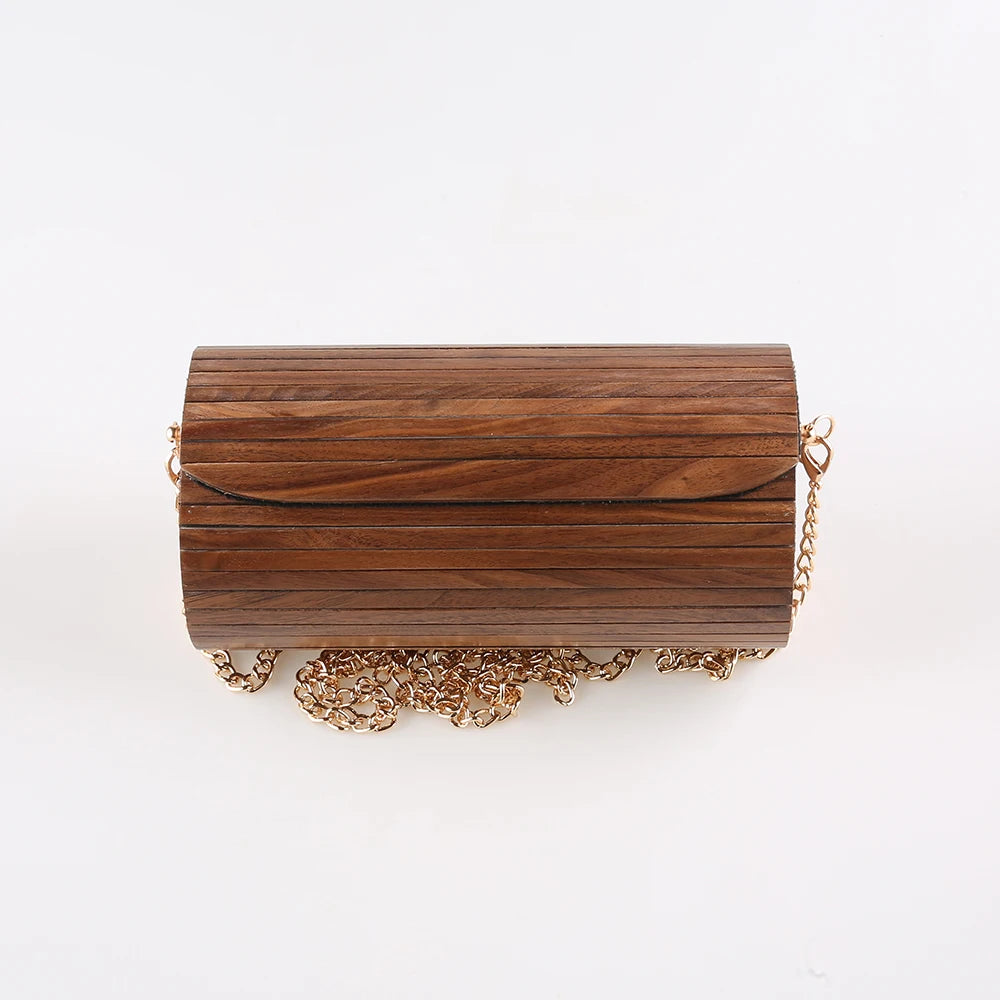 Bolsa de ombro de madeira artesanal de noz vintage, Saco transversal do telefone do corpo, Cilindro Circular, Messenger Bag