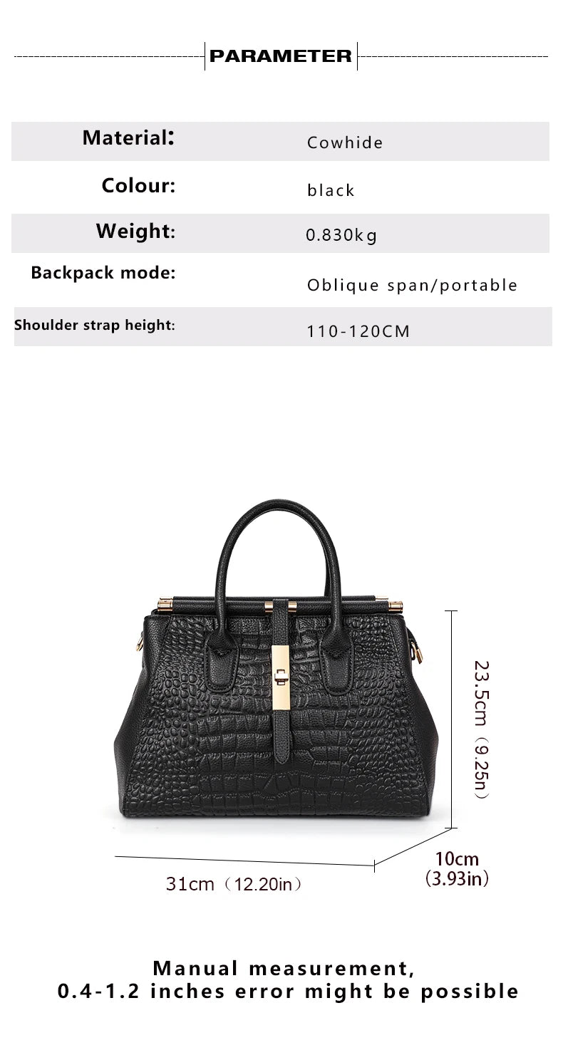 Bolsa feminina de couro genuíno Aidrani, bolsa de couro de vaca com padrão de crocodilo de grande capacidade, preta