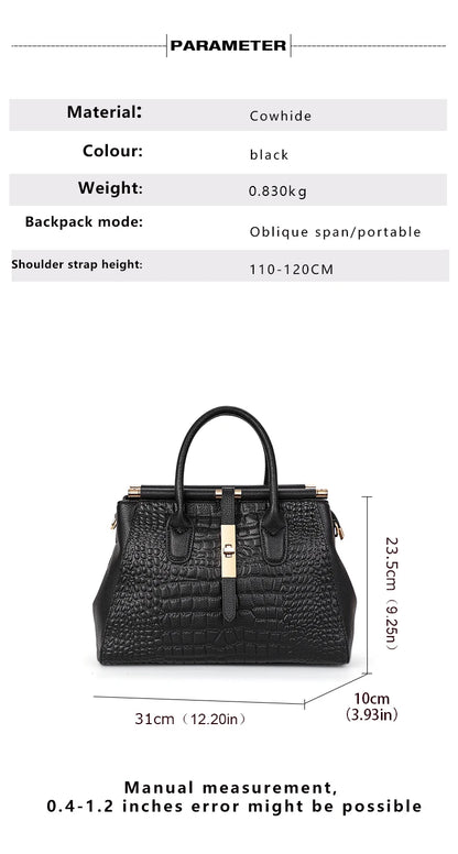 Bolsa feminina de couro genuíno Aidrani, bolsa de couro de vaca com padrão de crocodilo de grande capacidade, preta