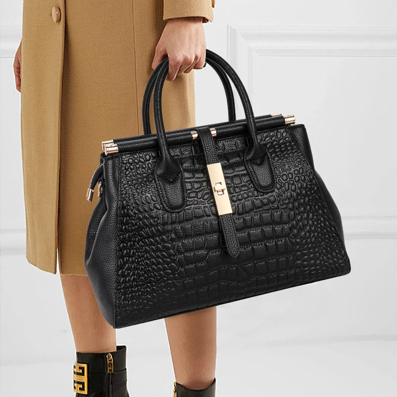 Bolsa feminina de couro genuíno Aidrani, bolsa de couro de vaca com padrão de crocodilo de grande capacidade, preta