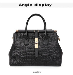 Bolsa feminina de couro genuíno Aidrani, bolsa de couro de vaca com padrão de crocodilo de grande capacidade, preta
